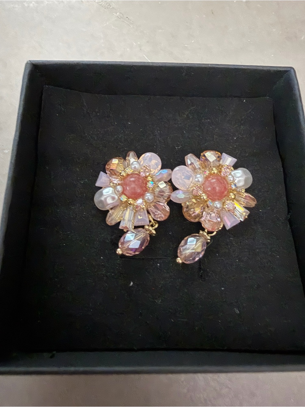 Pink Crystal Flower Drop Earrings - Elegant Women's Jewelry